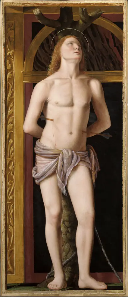 Bernardino Luini San Sebastiano  1510  tavola, cm 105,5 x 44 (con cornice cm 117 x 56)  Isola Bella, collezione privata  