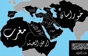 Mappa diffusa su Twitter che, stando ad alcuni fonti, appartiene all'Isis e mostra le aree che i terroristi intendono dominare da qui a cinque anni 