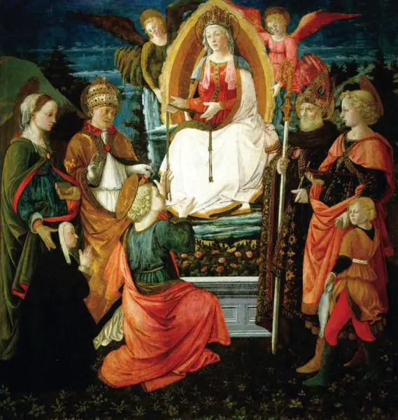 Madonna della Cintola (Assunta con Santa Margherita, donatrice, San Gregorio magno, San Tommaso, Sant'Agostino e l'arcangelo Raffaele con Tobiolo) Museo di Palazzo Pretorio, Prato