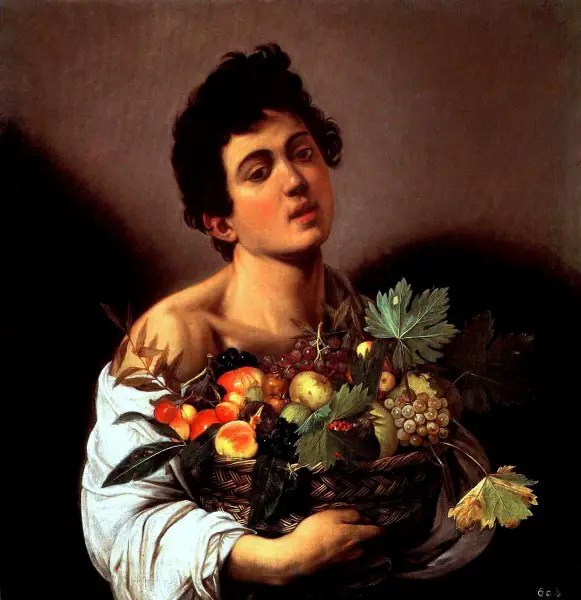 fanciullo con canestro di frutta