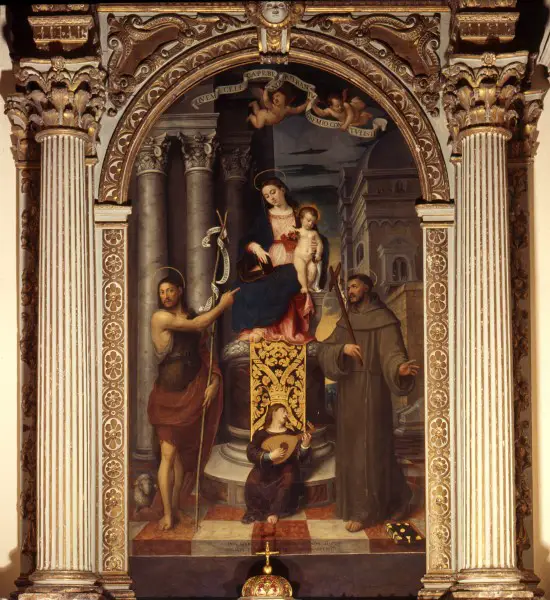 Francesco Beccaruzzi Madonna con il Bambino in trono e i Santi Giovanni Battista e Francesco d'Assisi -Olio su tela - Conegliano, Oratorio di Santa Maria delle Grazie 