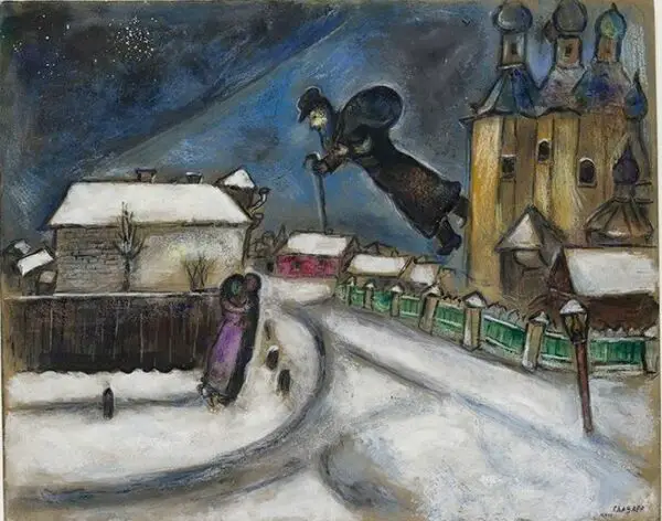 Sopra Vicebsk Gouache, grafite, e matita colorata su cartone  Lascito Anna Salzmann, Parigi, allo Stato di Israele In prestito permanente dall’Amministratore generale dello Stato di Israele © Chagall ® by SIAE 2015 