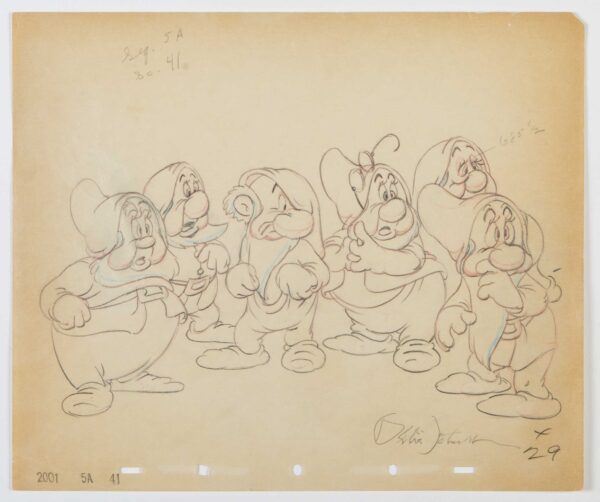 Cartoons Stars 9. Biancaneve e i Sette Nani, 1937Disegno di animazione firmato dall’animatore Ollie Johnston con i nani reduci dalla zuffa fra Brontolo e Dotto, scena inedita tagliata dalla versione finale del film, grafite e matita colorata su carta © Disney