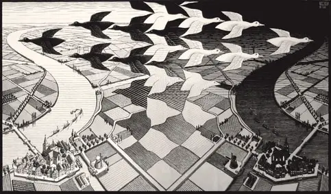 Maurits Cornelis Escher - Giorno e notte - Febbraio 1938 - Xilografia, 39,1x67,7 cm - Collezione Giudiceandrea Federico All M.C. Escher works © 2016 The M.C. Escher Company. All rights reserved www.mcescher.com